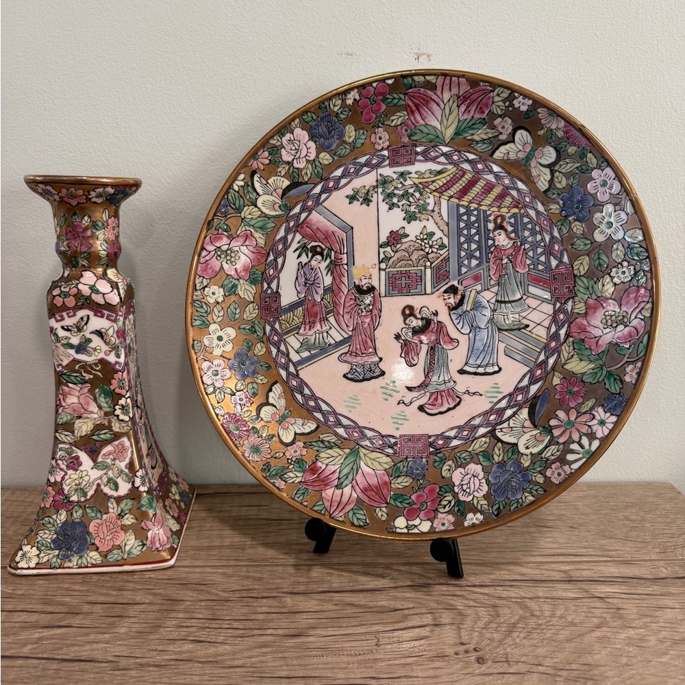CHINESE ORIENTAL PORCELAIN FAMILLE MANDARIN PLATE 10" /Candle Holder PAINTED